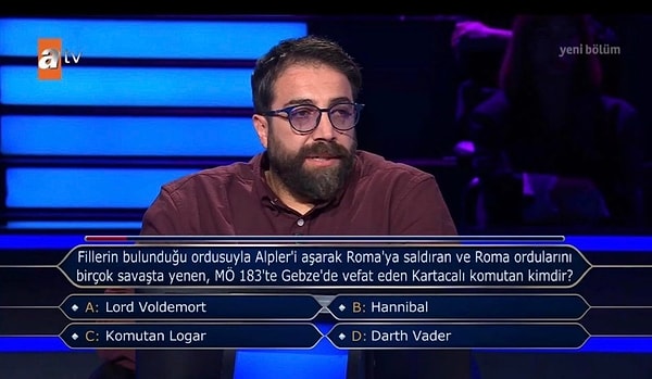 “Fillerin bulunduğu ordusuyla Alpler’i aşarak Roma’ya saldıran ve Roma ordularını birçok savaşta yenen, MÖ 183’te Gebze’de vefat eden Kartacalı komutan kimdir?” sorusu sorulmuştu.