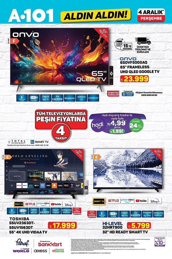 Onvo 65" Frameless UHD QLED Google Tv 23.999 TL