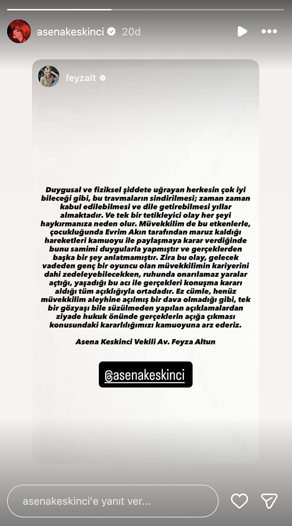 Evrim Akın'ın gözyaşlarıyla yaptığı açıklama sonrasında Asena Keskinci'den yanıt geldi.