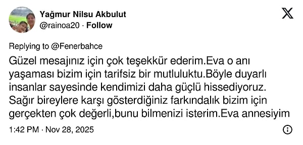 Eva'nın ailesi de bu ince davranış için kulübe teşekkür etti.