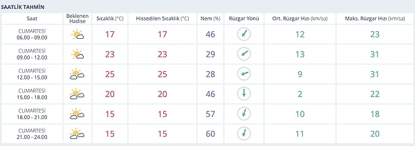 29 Kasım Cumartesi Adana Saat Saat Hava Durumu: