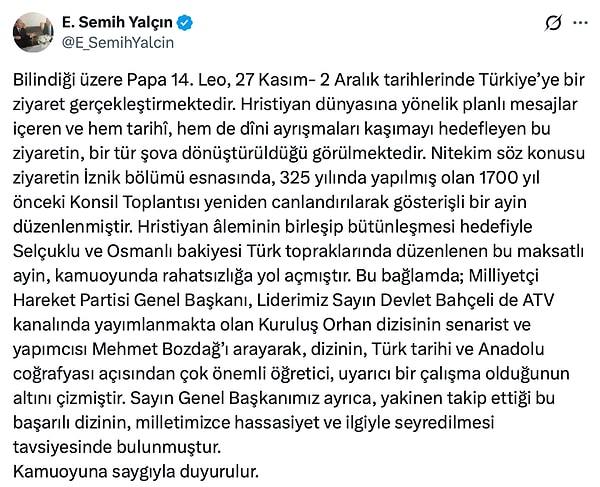 MHP Genel Başkan Yardımcısı Semih Yalçın’ın açıklamasına göre Devlet Bahçeli, Kuruluş Orhan’ın yapımcısı ve senaristi Mehmet Bozdağ’ı bizzat telefonla arayarak tebrik etti.