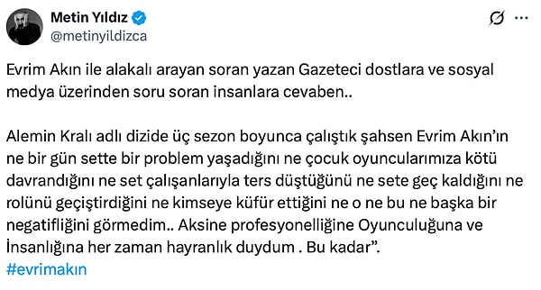 Tam bu noktada, Alemin Kıralı’nın Oben’in babası Şafak Sezer’le birlikte dizinin en görünür yüzlerinden olan Metin Yıldız da X hesabından bir açıklama paylaştı.