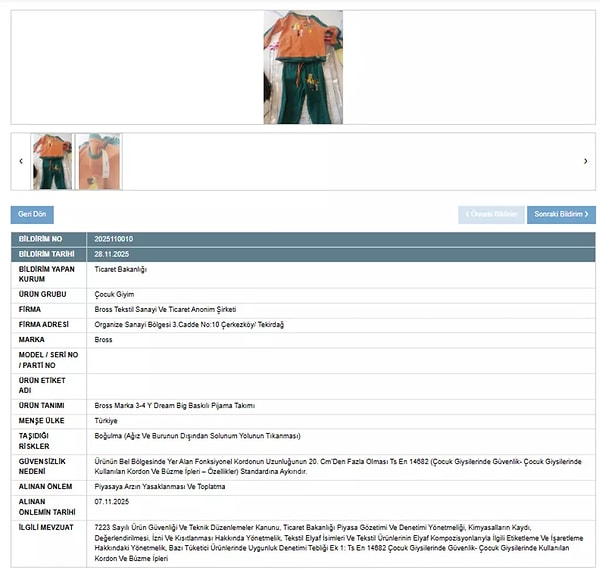 Eşofmanda boğulma riski tespit edildi.