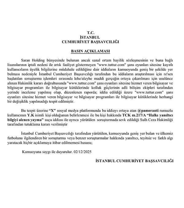 İstanbul Cumhuriyet Başsavcılığı'nın ilgili paylaşımı şöyleydi