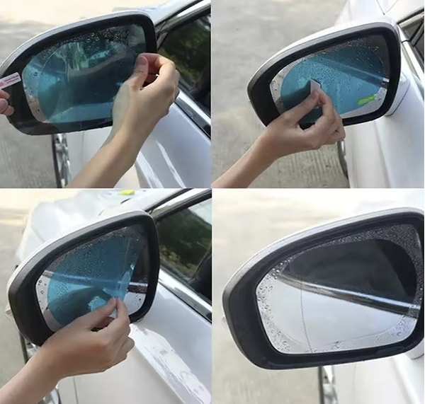 Araba Ayna Yağmur Kaydırıcı Film, dikiz aynasında buğulanmayı ve su birikmesini önleyerek sürüş güvenliğini artırıyor.