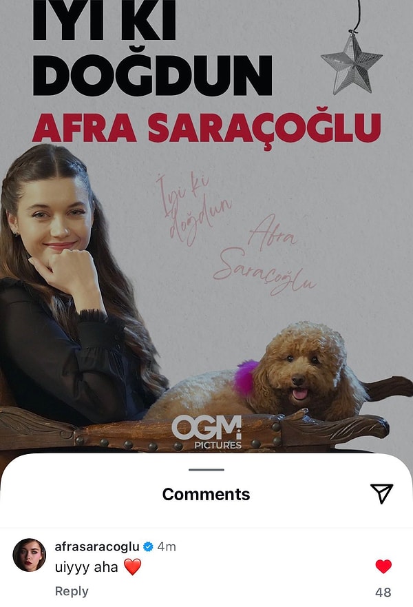 A.B.İ. dizisiyle karşımıza çıkmaya hazırlanan Afra Saraçoğlu da doğum günü mesajına verdiği cevapla "Acaba o da mı izliyor?" diye düşündürmüştü.