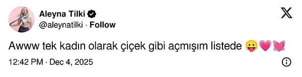 Güzel sanatçı, listede tek kadın olarak yer aldığını görünce aşağıdaki tweeti attı. 👇