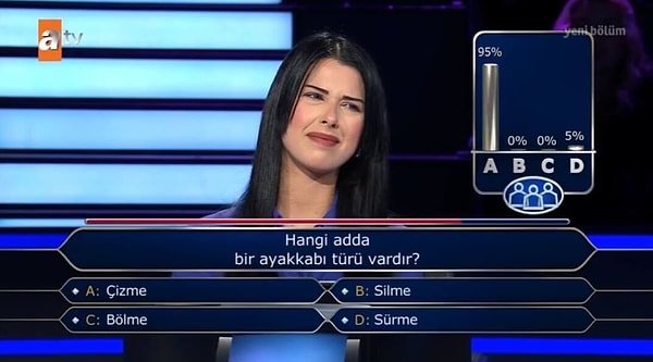 Bozkaya’ya ilk soru olarak, “Hangi adda bir ayakkabı türü vardır?” sorusu yöneltildi.