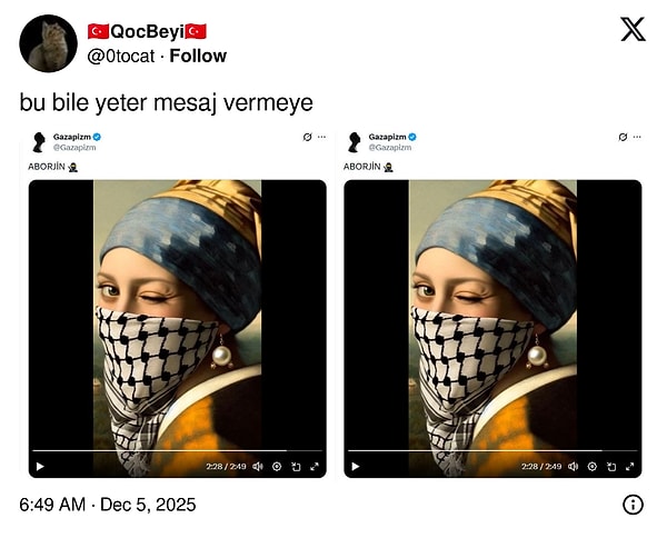 İnci Küpeli Kız üzerinden Filistin meselesine dair mesaj da ortaya çıktı.