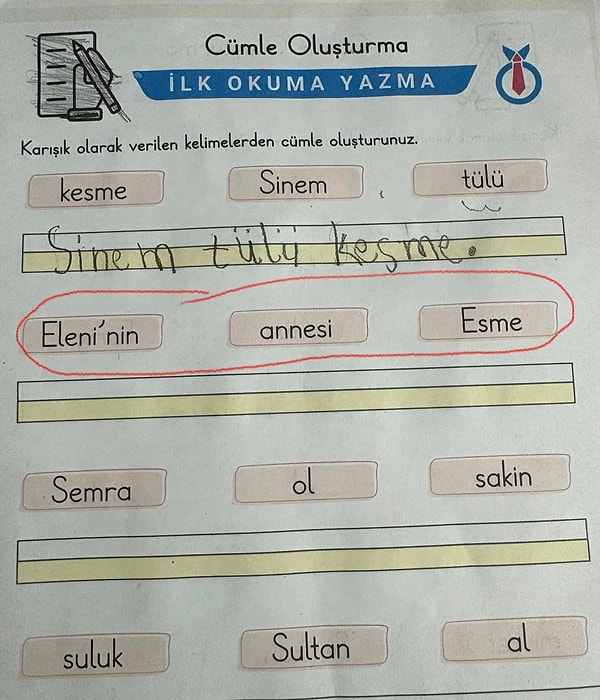 @dygnrerdm adlı TikTok kullanıcısı, 1. sınıf ders kitabındaki "Esme, Eleni'nin annesi" yazısını paylaştı.