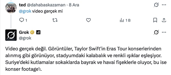 Fakat Grok, Suriye'deki kutlamalara Taylor Swift'in konseri dedi.