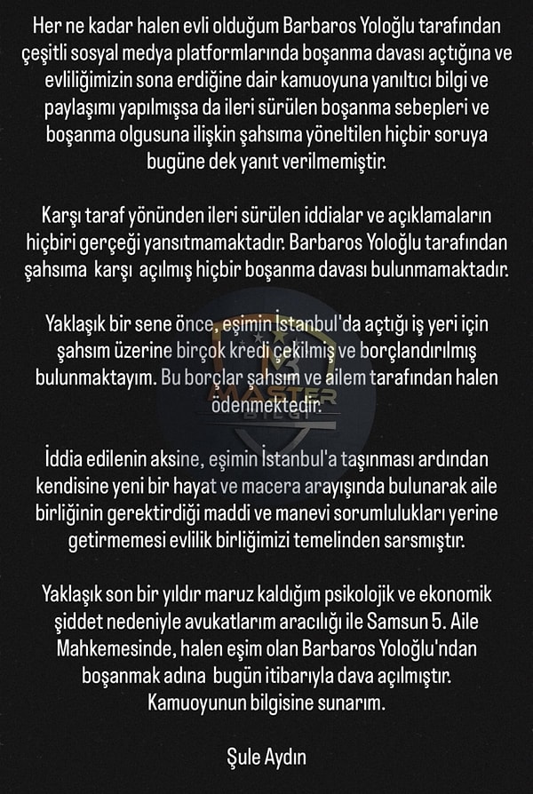 Boşandığını açıklayan Barbaros'a eşi, psikolojik ve ekonomik şiddet iddialarında bulundu.