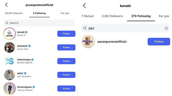 Programın yeni adıyla oluşturulan hesabı Kanal D'nin takip ettiği görülürken ne Evrim Akın'ın bu hesabı takip ettiği ne de hesap tarafından takip edildiği fark edildi.