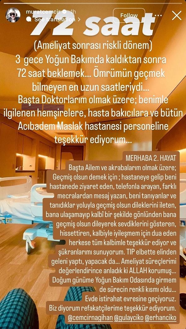 Geçirdiği operasyon sonrası yoğun bakıma alınan oyuncu Murat Cemcir, günler süren riskli sürecin ardından ilk paylaşımını yaptı.