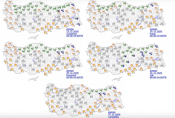 Yeni haftanın hava durumu belli oldu. Meteoroloji 13-17 Aralık hava tahmin haritasını paylaştı.