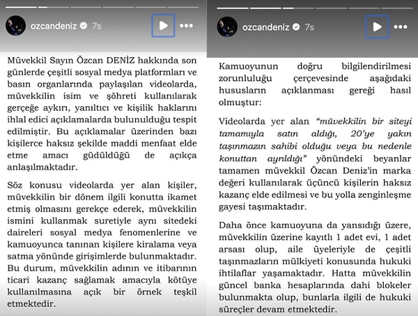 İddialar bu kadar büyüyünce Özcan Deniz cephesinden avukat aracılığıyla bir açıklama yapıldı. Sosyal medyada yer alan “tüm siteyi satın aldı”, “20’ye yakın evi var” gibi ifadelerin gerçeği yansıtmadığı söylendi.