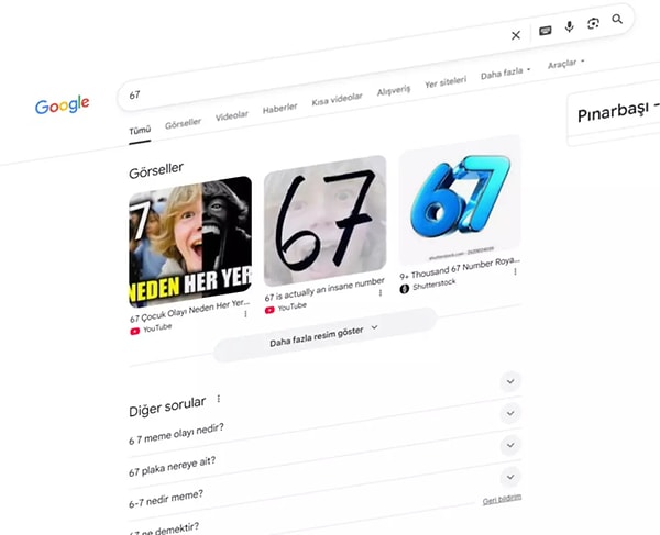 Gooogle'da arama bölümüne 67 yazanlar sallanan ekranla karşılaştı.