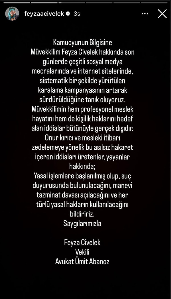 Civelek’in avukatı tarafından yapılan açıklama aşağıda yer alıyor 👇