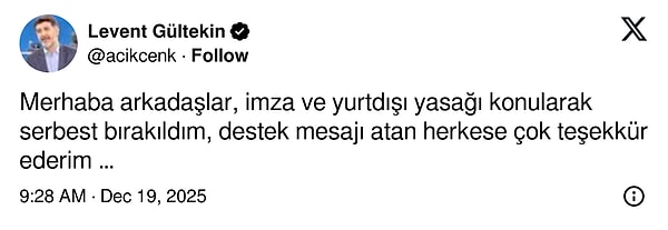 Gültekin serbest kalmasını böyle duyurdu;