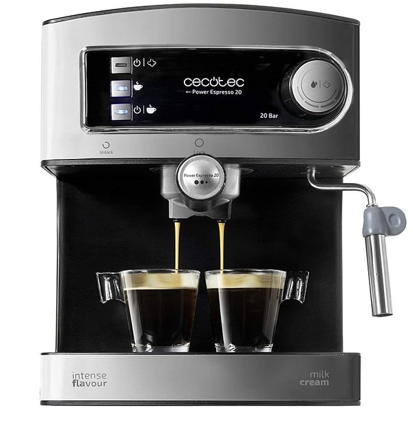 Cecotec Cumbia Power Espresso 20 Barista Aromax, kremalı ve aroması yoğun kahvenin sırrını güçlü basıncında saklıyor.
