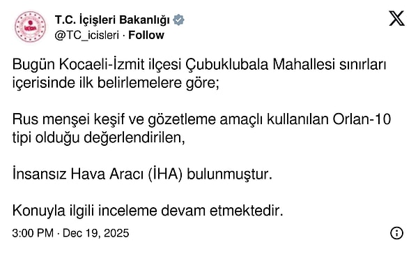 Düşen İHA Rusya'ya mı ait? İçişleri Bakanlığı'ndan açıklama geldi.