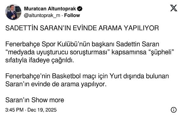 Sadettin Saran uyuşturucu soruşturması kapsamında ifadeye çağrıldı.
