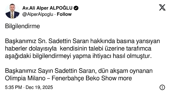 Sadettin Saran'ın avukat Ali Alper Alpoğlu açıklama yaptı: "İlk uçuşla Türkiye'ye giriş yapacaktır."
