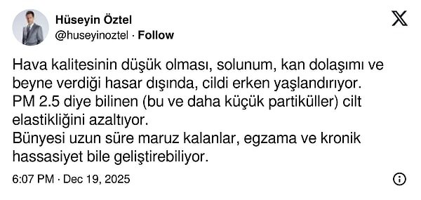 Meteoroloji mühendisi Hüseyin Öztel, hava kirliliğinin vücuda etkilerini açıkladı.