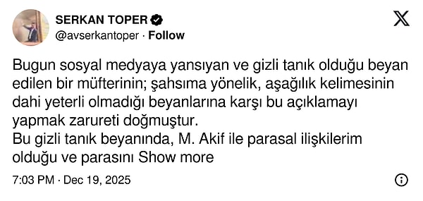 Serkan Toper, sessizliğini bozdu; olayları "Kumpas" olarak nitelendirdi.