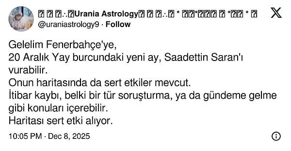 Astrolog, Sadettin Saran için gün vererek sert etkilerden söz etmişti