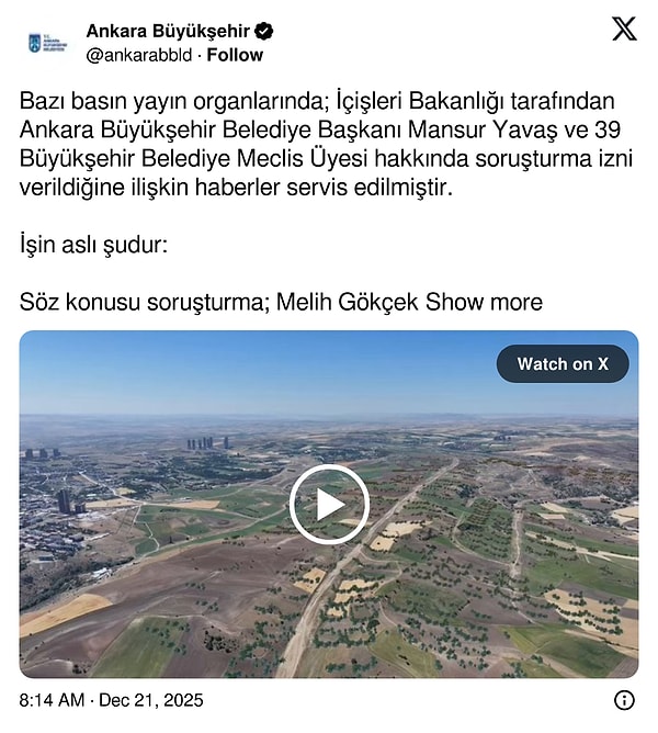 Ankara Büyükşehir Belediye konu ile açıklama yaptı.