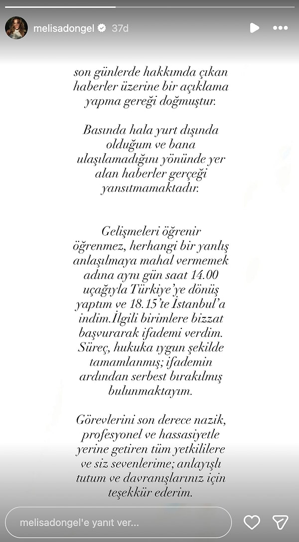 Sosyal medya hesabından uzun bir açıklama yapan Melisa Döngel, kamuoyunu yanıltan bilgilere açıklık getirdi: