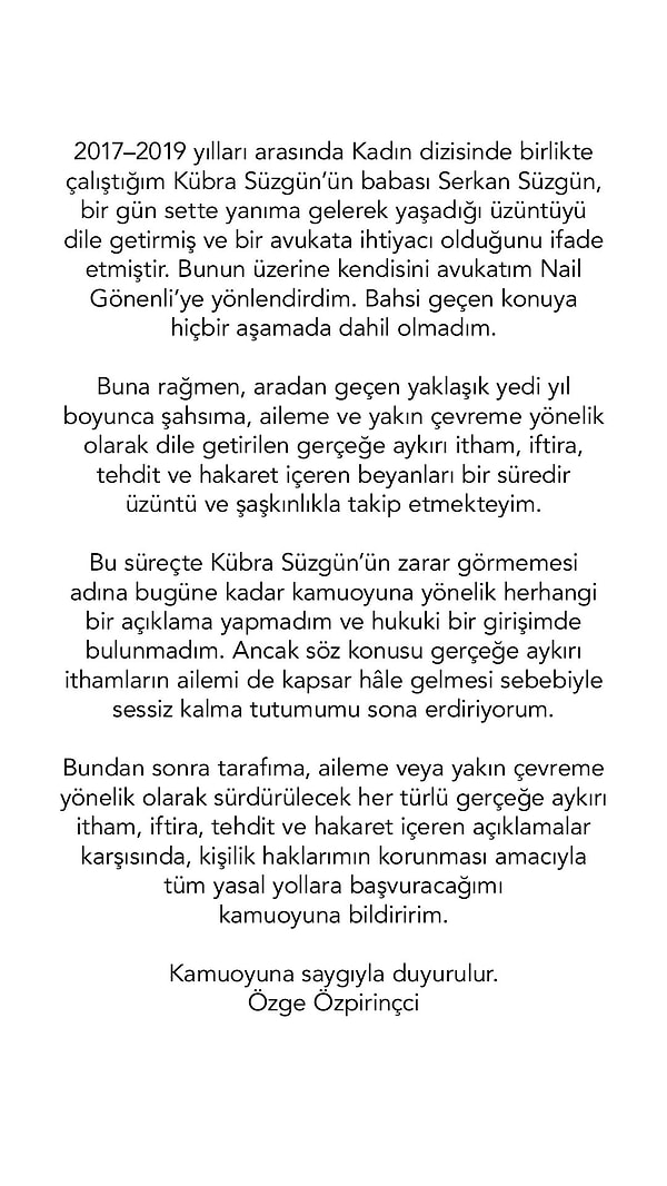Ünlü oyuncu bir yılı aşkın süredir devam eden suçlamalar hakkında konuştu. İşte Özge Özpirinçci’nin ilk açıklaması 👇