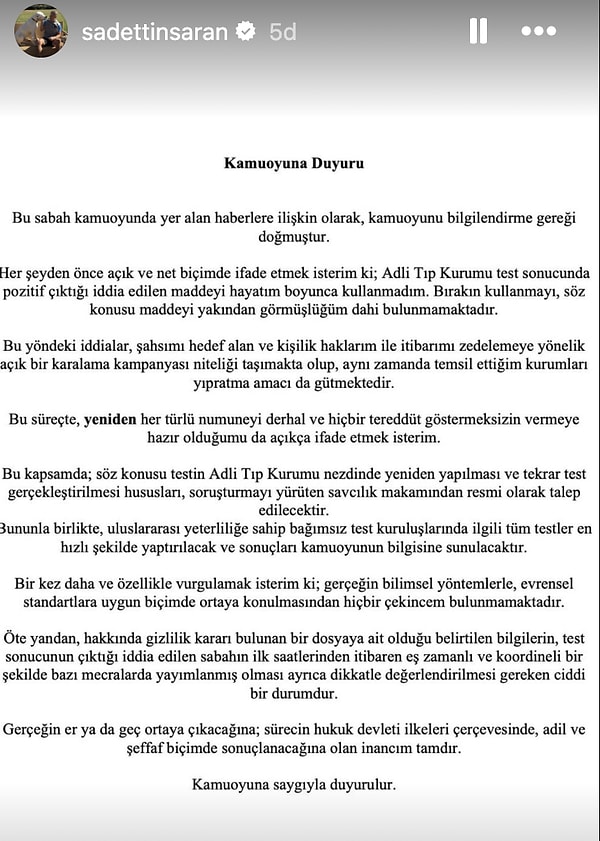 Saran, Instagram hesabından bir açıklama yaparak "Hayatım boyunca kullanmadım" dedi. Saran'ın açıklaması şöyle: