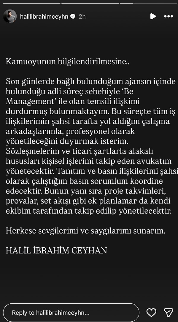 Ceyhan sosyal medya hesabından yaptığı açıklamada şu ifadeleri kullandı: