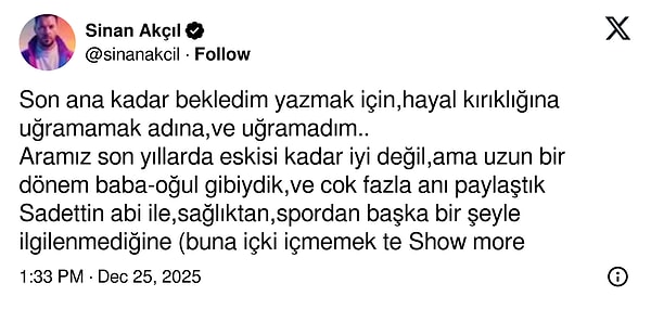 İşte ünlü şarkıcının Sadettin Saran ile ilgili attığı tweet 👇