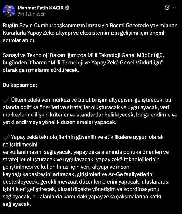 Sanayi ve Teknoloji Bakanı Mehmet Fatih Kacır'ın paylaşımı 👇🏻