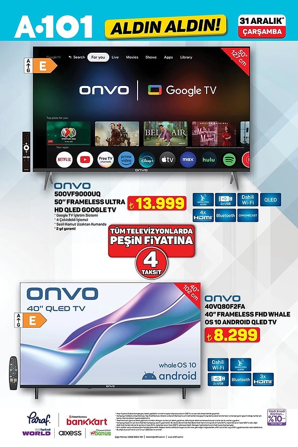 Onvo 50" Frameless Ultra HD QLED Google Tv 13.999 TL