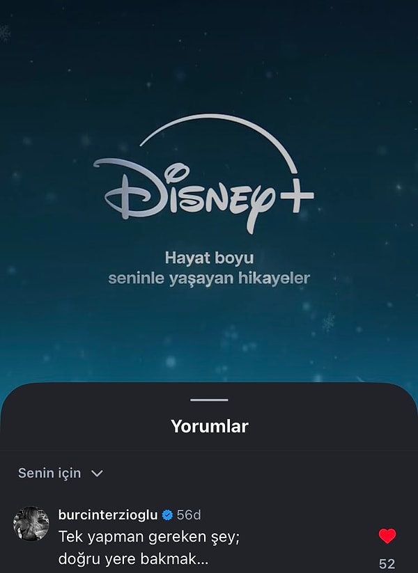 Ben Leman'ın başrol oyuncusu Burçin Terzioğlu, Disney Plus'ın Instagram gönderisine yorum yazdı.
