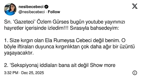 Ela Rümeysa Cebeci'nin spiker ablası Nesibe Cebeci, X hesabından bir paylaşım yaparak gazetecilere sitemde bulundu, tepki gösterdi.