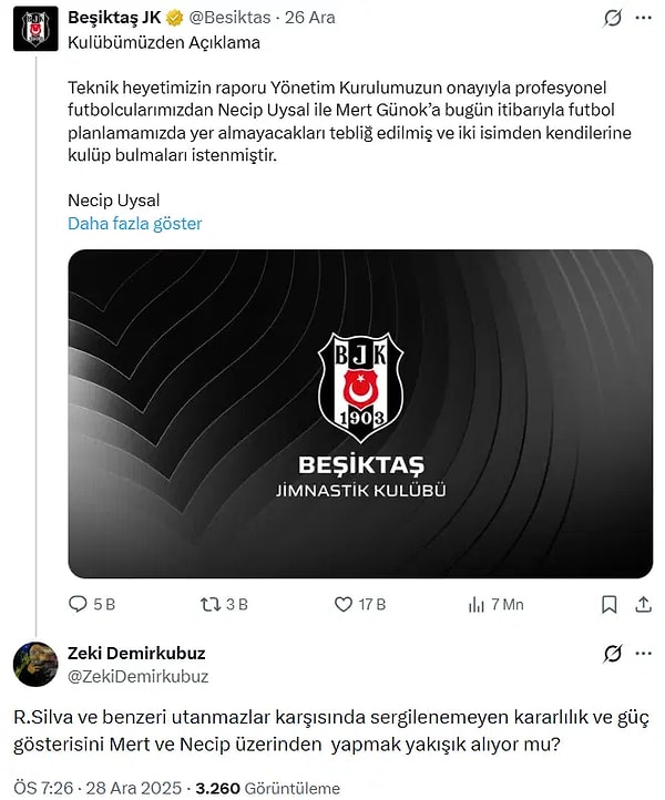 Demirkubuz'un tweetine taraftarlardan da destek geldi.