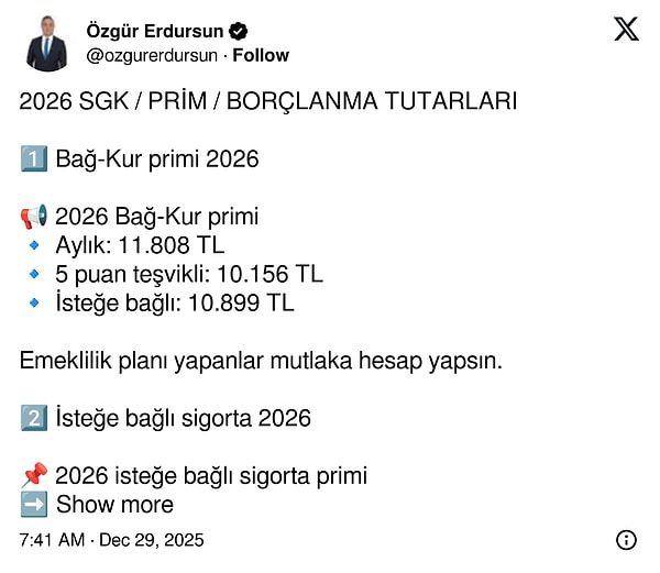 SGK Uzmanı Özgür Erdursun, SGK, prim, borçlanma tutarlarının 2026'da ne olacağını paylaştı.
