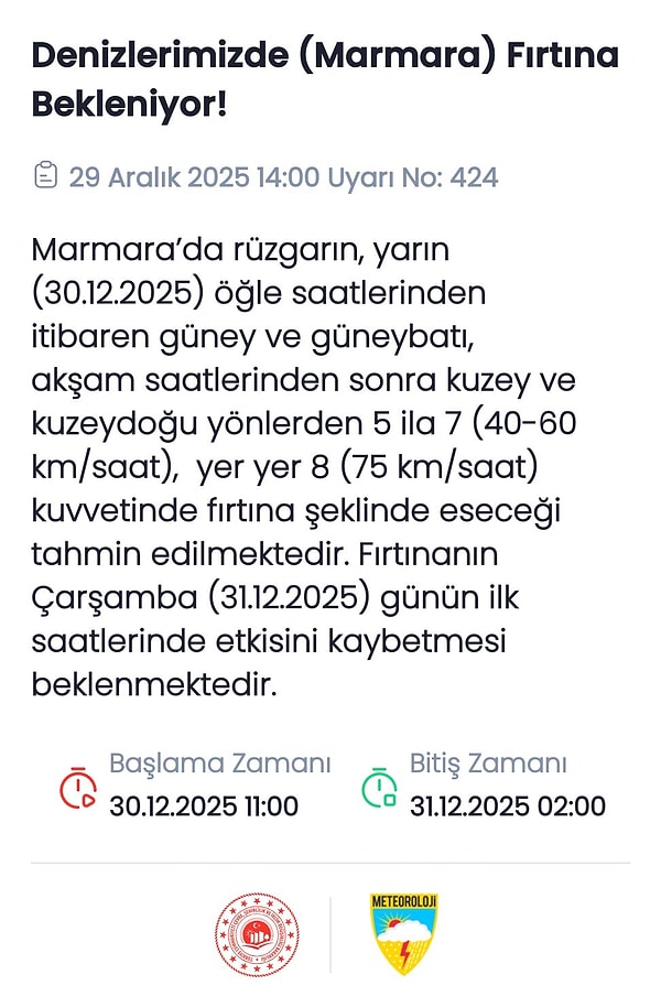 Meteoroloji Genel Müdürlüğü, Marmara'da yarın fırtınanın etkili olacağını söyleyerek uyarıda bulundu.