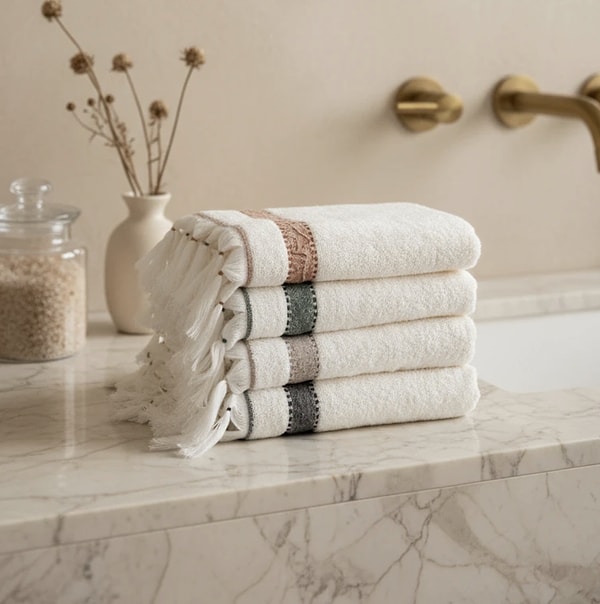 %100 saf Ege pamuğundan üretilen bu havlu seti, yumuşak dokusu ve yüksek emiciliğiyle öne çıkıyor.