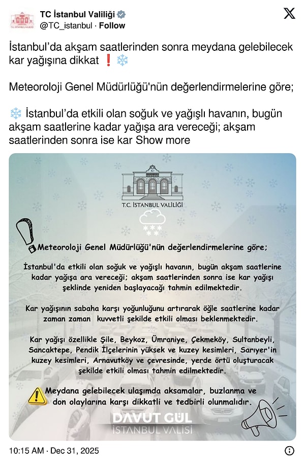 İstanbul'da kar yağacak ilçeler açıklandı.