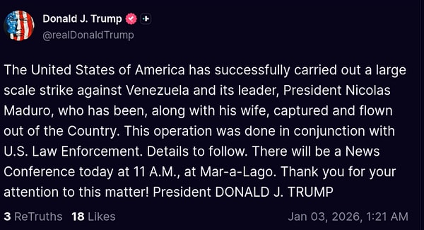 Donald Trump has made a statement regarding the assault he initiated on Venezuela.