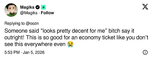 "Biri ‘bana gayet iyi görünüyor’ demiş... Açık açık söyle ya! Ekonomi bileti için aşırı iyi, her yerde böyle bir şey görmüyorsun zaten"