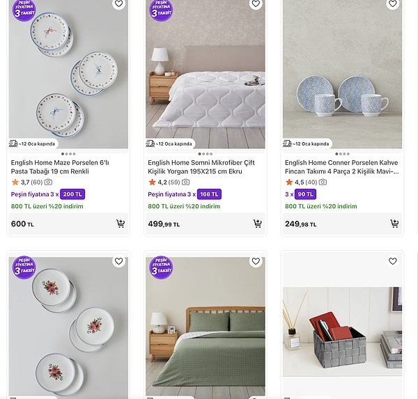 English Home ürünlerinde tüm indirimli ürünlere ek olarak 800 TL’ye %20 indirim fırsatı👇
