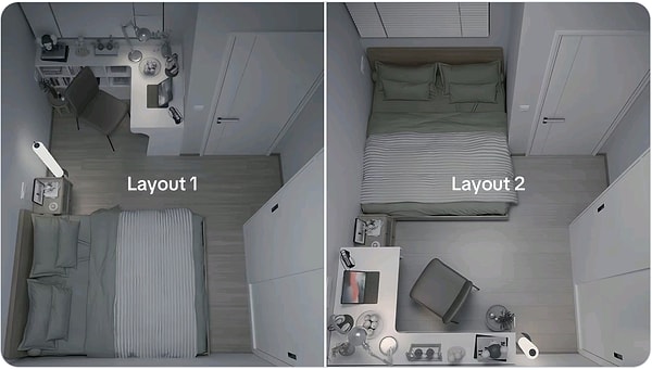 Aynı odanın ilk düzeninde yatak daha geniş olan bölgeye alınmışken ikincisinde ise yatak kapının kenarındaki boşlukta yer alıyor.